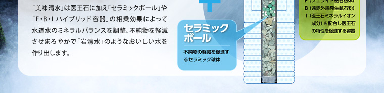 「美味清水」は医王石に加え「セラミックボール」や「F・B・I ハイブリッド容器」の相乗効果によって水道水のミネラルバランスを調整、不純物を軽減させまろやかで「岩清水」のようなおいしい水を作り出します。